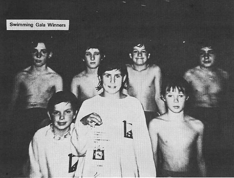 Swimming Gala 1974.jpg - Swimming Gala in 1974 Names supplied by Laurence Cecchini, Back Row - Robin Lawrie, Simon Dirollo, David Gibson, Gainpaulo Lagreca,  Front Row - Laurence Cecchini, Richardo Boni, Paul Hepburn.